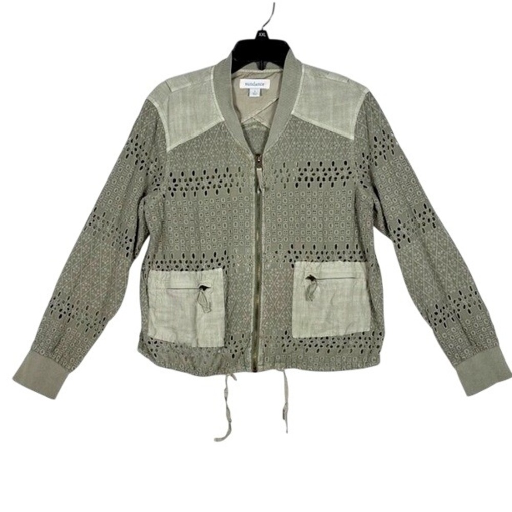 Sundance Womens Sage Green Eyelet Embroidered Cotton Zip Bomber Jacket Small